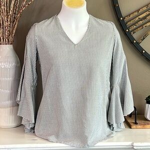 PLEIONE Grey & White Striped Bell Sleeve Top Size Small
